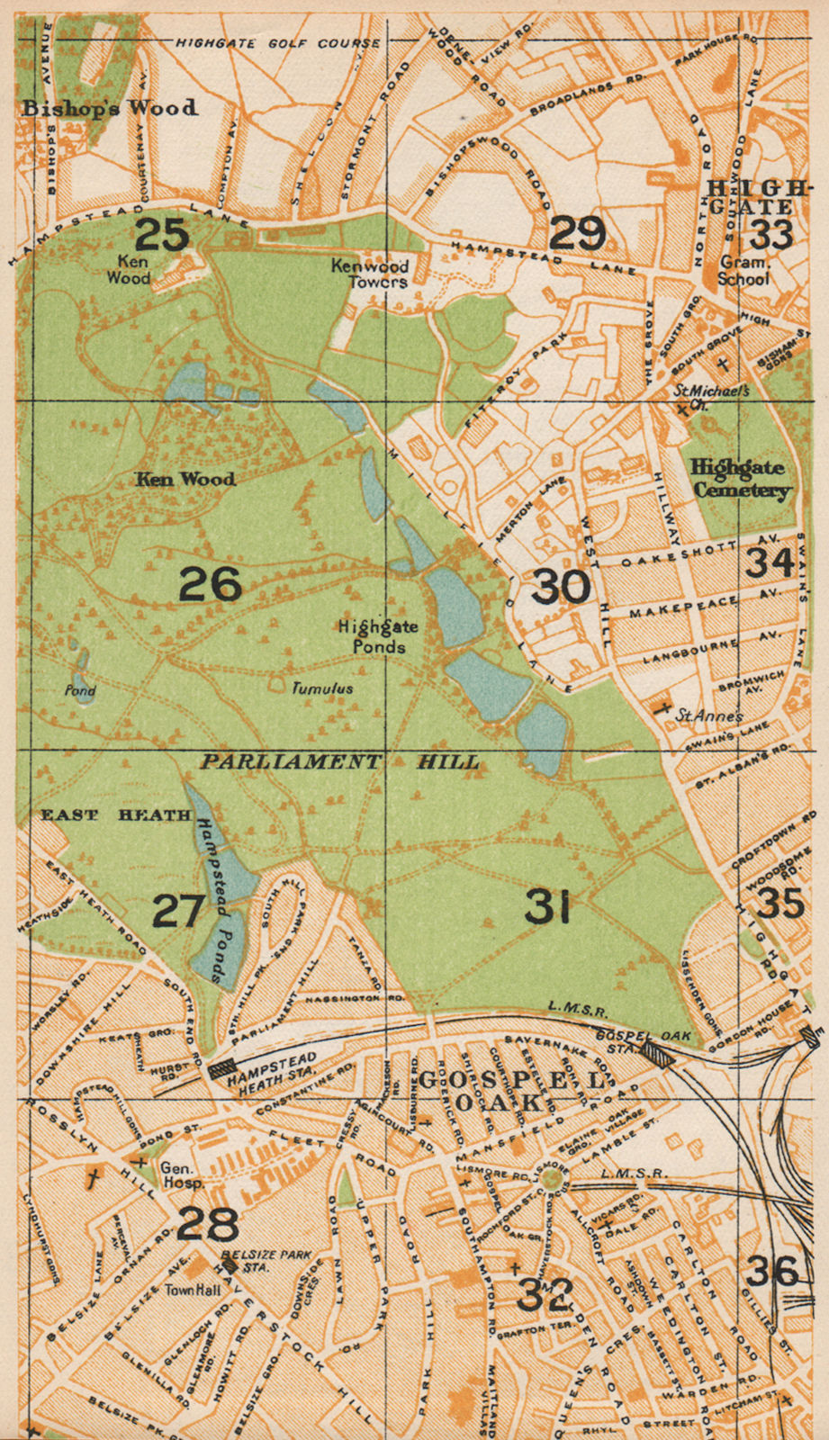 LONDON N.Hampstead Heath Gospel Oak Highgate Bishop's Wood Belsize Park 1935 map